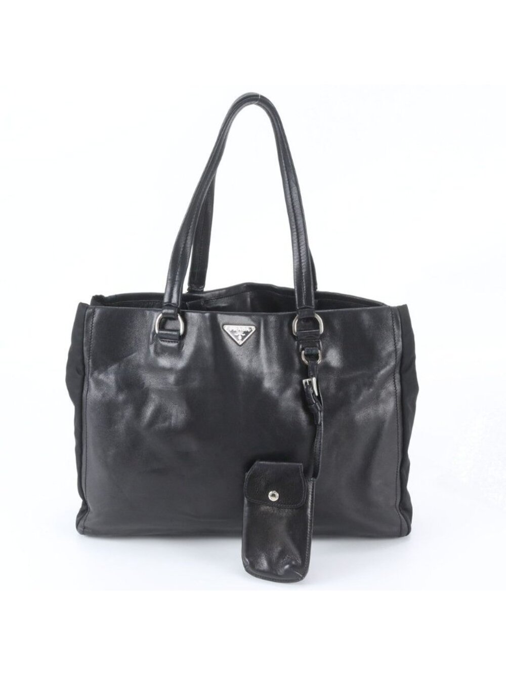 Prada Triangle Logo Leather Tote Bag Shoulder Hand Black